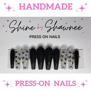 Handmade Luxury Press-On Nails | Sturdy & Reusable | BLACK BUTTERFLIES